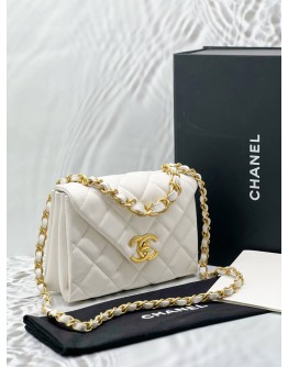 (LIKE NEW) MICROCHIP CHANEL ENVELOPE FLAP BAG IN WHITE LAMBSKIN LEATHER -FULL SET-