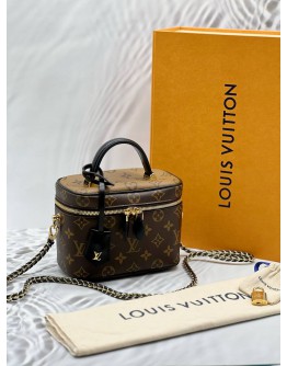 (LIKE NEW) MICROCHIP LOUIS VUITTON VANITY PM IN BROWN MONOGRAM REVERSE CANVAS WITH BLACK LEATHER -FULL SET-