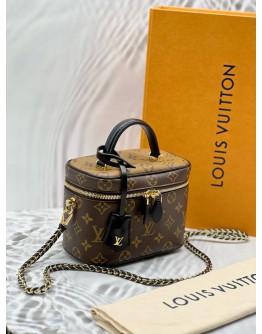 (LIKE NEW) MICROCHIP LOUIS VUITTON VANITY PM IN BROWN MONOGRAM REVERSE CANVAS WITH BLACK LEATHER -FULL SET-