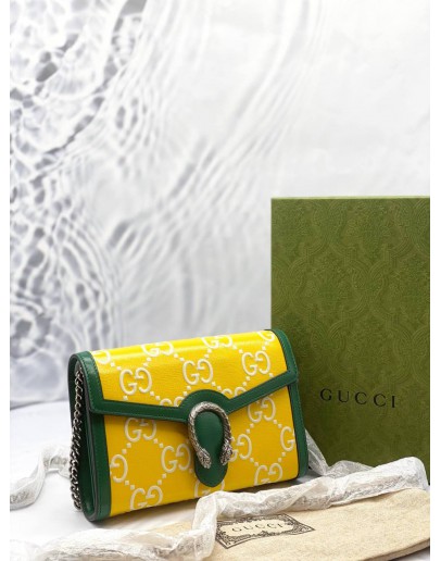 (UNUSED) GUCCI DIONYSUS MINI CHAIN BAG IN YELLOW WITH GREEN GG EMBOSSED LEATHER -FULL SET-