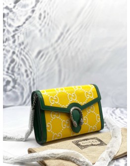 (UNUSED) GUCCI DIONYSUS MINI CHAIN BAG IN YELLOW WITH GREEN GG EMBOSSED LEATHER -FULL SET-