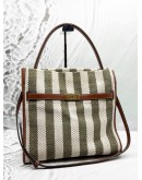 TORY BURCH LEE RADZIWILL STRIPED TOTE BAG IN KHAKI WITH OFF WHITE CANVAS AND BROWN LEATHER
