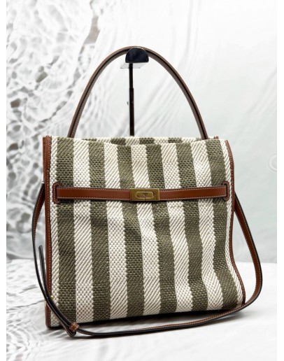 TORY BURCH LEE RADZIWILL STRIPED TOTE BAG IN KHAKI WITH OFF WHITE CANVAS AND BROWN LEATHER