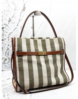 TORY BURCH LEE RADZIWILL STRIPED TOTE BAG IN KHAKI WITH OFF WHITE CANVAS AND BROWN LEATHER
