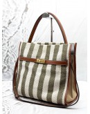 TORY BURCH LEE RADZIWILL STRIPED TOTE BAG IN KHAKI WITH OFF WHITE CANVAS AND BROWN LEATHER