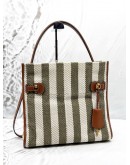 TORY BURCH LEE RADZIWILL STRIPED TOTE BAG IN KHAKI WITH OFF WHITE CANVAS AND BROWN LEATHER