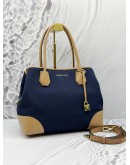 MICHAEL KORS MERCER GALLERY TOTE BAG IN BLUE CANVAS WITH BROWN LEATHER 