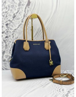 MICHAEL KORS MERCER GALLERY TOTE BAG IN BLUE CANVAS WITH BROWN LEATHER 