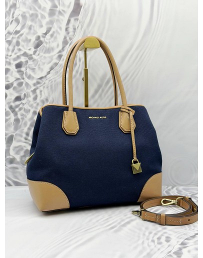 MICHAEL KORS MERCER GALLERY TOTE BAG IN BLUE CANVAS WITH BROWN LEATHER 