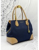 MICHAEL KORS MERCER GALLERY TOTE BAG IN BLUE CANVAS WITH BROWN LEATHER 