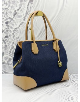 MICHAEL KORS MERCER GALLERY TOTE BAG IN BLUE CANVAS WITH BROWN LEATHER 