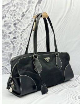 PRADA SHOULDER BAG IN BLACK NYLON WITH LEATHER