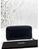 CHANEL BOY CHEVRON ZIP AROUND LONG WALLET IN DARK BLUE CALFSKIN LEATHER -FULL SET-