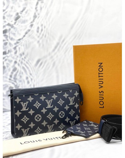 (UNUSED) LOUIS VUITTON GASTON WEARABLE WALLET IN DARK BLUE WITH WHITE MONOGRAM SHADOW LEATHER -FULL SET-