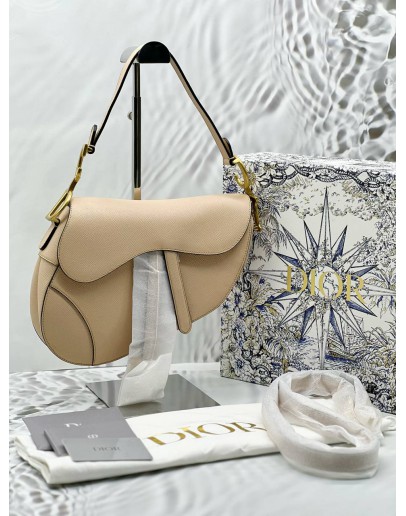 (BRAND NEW) CHRISTIAN DIOR SADDLE BAG WITH STRAP IN POWDER BEIGE GRAINED CALFSKIN -FULL SET- 