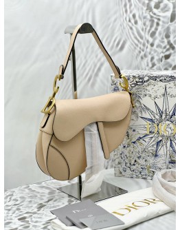(BRAND NEW) CHRISTIAN DIOR SADDLE BAG WITH STRAP IN POWDER BEIGE GRAINED CALFSKIN -FULL SET- 