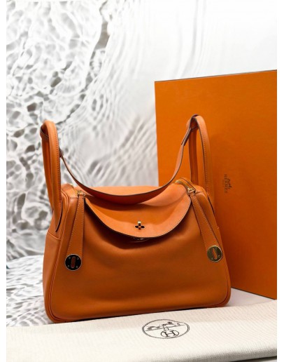 (CLEAR STOCK) 2016 HERMES LINDY 30 IN ORANGE H SWIFT LEATHER -FULL SET-