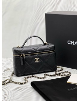 (LIKE NEW) MICROCHIP CHANEL VANITY CASE 25K BAG IN BLACK GRAINED CALFSKIN LEATHER -FULL SET-