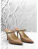 JIMMY CHOO BING 100 HEELS SIZE 35 IN BEIGE PATENT LEATHER WITH CRYSTAL 