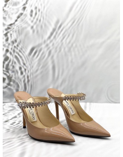 JIMMY CHOO BING 100 HEELS SIZE 35 IN BEIGE PATENT LEATHER WITH CRYSTAL 