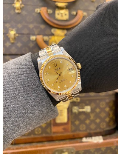 (UNUSED) 2020 TUDOR PRINCE DATE HALF 18K 750 YELLOW GOLD DIAMOND REF 74033 CHAMPAGNE DIAL 34MM AUTOMATIC WATCH -FULL SET-