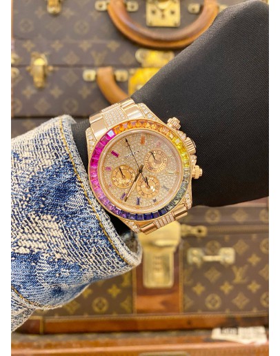 (LIKE NEW) 2011 ROLEX DAYTONA REF 116505 18K 750 EVEROSE GOLD UPGRADE 116595RBOW RAINBOW PAVE DIAMOND DIAL 40MM AUTOMATIC WATCH