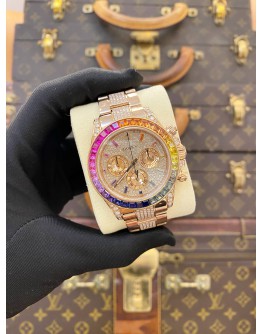 (LIKE NEW) 2011 ROLEX DAYTONA REF 116505 18K 750 EVEROSE GOLD UPGRADE 116595RBOW RAINBOW PAVE DIAMOND DIAL 40MM AUTOMATIC WATCH