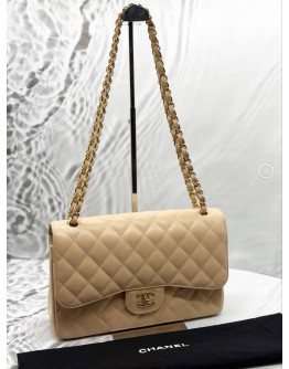 (LIKE NEW) CHANEL JUMBO CLASSIC DOUBLE FLAP BAG IN BEIGE CAVIAR LEATHER