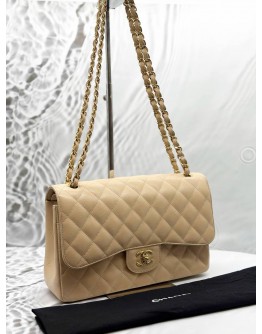 (LIKE NEW) CHANEL JUMBO CLASSIC DOUBLE FLAP BAG IN BEIGE CAVIAR LEATHER