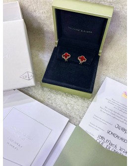 (RAYA PROMO) (LIKE NEW) 2024 VCA VAN CLEEF & ARPELS VINTAGE ALHAMBRA EARRINGS IN 18K 750 YELLOW GOLD WITH CARNELIAN -FULL SET- 