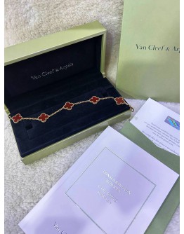 (RAYA PROMO) (LIKE NEW) 2024 VCA VAN CLEEF & ARPELS VINTAGE ALHAMBRA 5 MOTIFS BRACELET IN 18K 750 YELLOW GOLD WITH CARNELIAN -FULL SET- 
