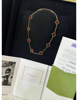 (RAYA PROMO) (LIKE NEW) 2024 VCA VAN CLEEF & ARPELS VINTAGE ALHAMBRA 10 MOTIFS NECKLACE IN 18K 750 YELLOW GOLD WITH CARNELIAN -FULL SET- 