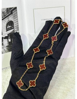 (RAYA PROMO) (LIKE NEW) 2024 VCA VAN CLEEF & ARPELS VINTAGE ALHAMBRA 10 MOTIFS NECKLACE IN 18K 750 YELLOW GOLD WITH CARNELIAN -FULL SET- 