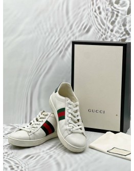 (RAYA PROMO) GUCCI ACE SNEAKERS SIZE 37.5 IN WHITE LEATHER -FULL SET- 
