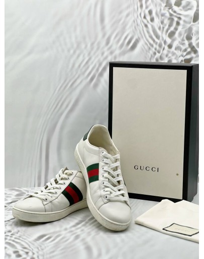 (RAYA PROMO) GUCCI ACE SNEAKERS SIZE 37.5 IN WHITE LEATHER -FULL SET- 