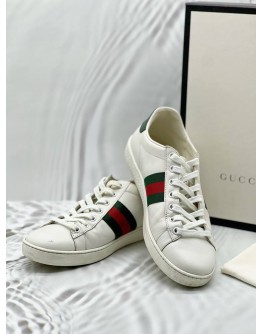 (RAYA PROMO) GUCCI ACE SNEAKERS SIZE 37.5 IN WHITE LEATHER -FULL SET- 