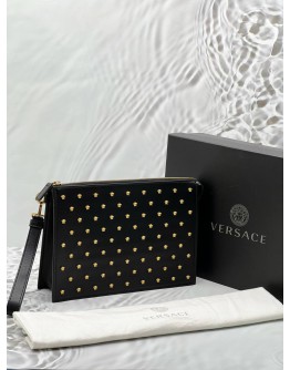 (RAYA PROMO) (LIKE NEW) VERSACE MEDUSA STUDDED CLUTCH IN BLACK LEATHER -FULL SET- 