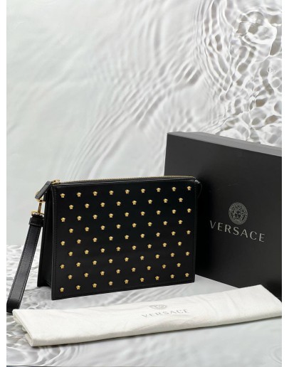(RAYA PROMO) (LIKE NEW) VERSACE MEDUSA STUDDED CLUTCH IN BLACK LEATHER -FULL SET- 