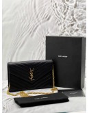 (RAYA PROMO) (LIKE NEW) YSL SAINT LAURENT CASSANDRE WALLET ON CHAIN IN BLACK GRAIN DE POUDRE EMBOSSED LEATHER -FULL SET- 
