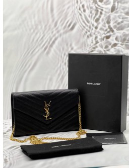 (RAYA PROMO) (LIKE NEW) YSL SAINT LAURENT CASSANDRE WALLET ON CHAIN IN BLACK GRAIN DE POUDRE EMBOSSED LEATHER -FULL SET- 