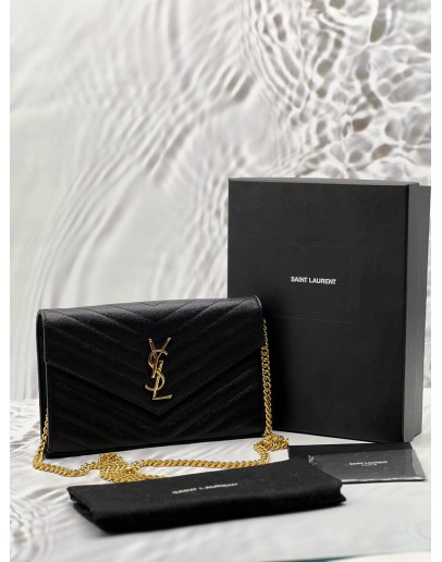 (RAYA PROMO) (LIKE NEW) YSL SAINT LAURENT CASSANDRE WALLET ON CHAIN IN BLACK GRAIN DE POUDRE EMBOSSED LEATHER -FULL SET- 