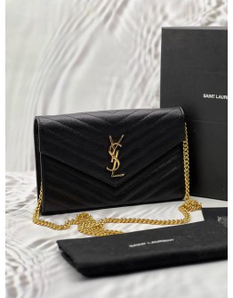 (RAYA PROMO) (LIKE NEW) YSL SAINT LAURENT CASSANDRE WALLET ON CHAIN IN BLACK GRAIN DE POUDRE EMBOSSED LEATHER -FULL SET- 