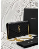 (RAYA PROMO) (LIKE NEW) YSL SAINT LAURENT CASSANDRE WALLET ON CHAIN IN BLACK GRAIN DE POUDRE EMBOSSED LEATHER -FULL SET- 