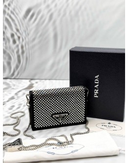 (LIKE NEW) PRADA FLAP CARD HOLDER WITH CHAIN IN BLACK SATIN WITH CRYSTALS -FULL SET-