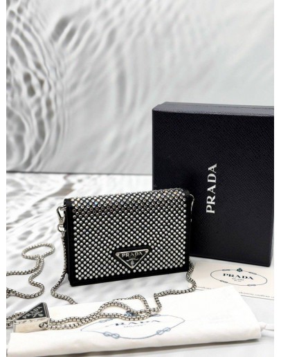 (LIKE NEW) PRADA FLAP CARD HOLDER WITH CHAIN IN BLACK SATIN WITH CRYSTALS -FULL SET-