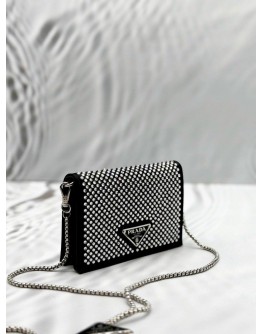 (LIKE NEW) PRADA FLAP CARD HOLDER WITH CHAIN IN BLACK SATIN WITH CRYSTALS -FULL SET-