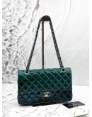 CHANEL MEDIUM CLASSIC DOUBLE FLAP BAG IN OMBRE GREEN WITH BLUE PATENT LEATHER