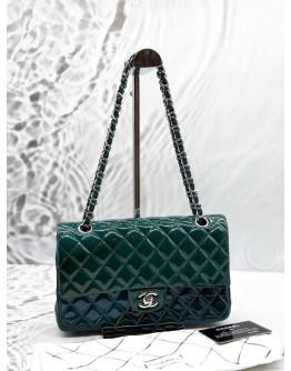 CHANEL MEDIUM CLASSIC DOUBLE FLAP BAG IN OMBRE GREEN WITH BLUE PATENT LEATHER