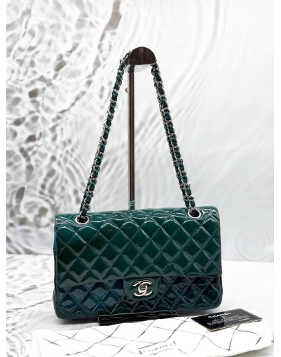 CHANEL MEDIUM CLASSIC DOUBLE FLAP BAG IN OMBRE GREEN WITH BLUE PATENT LEATHER
