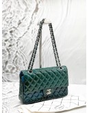 CHANEL MEDIUM CLASSIC DOUBLE FLAP BAG IN OMBRE GREEN WITH BLUE PATENT LEATHER